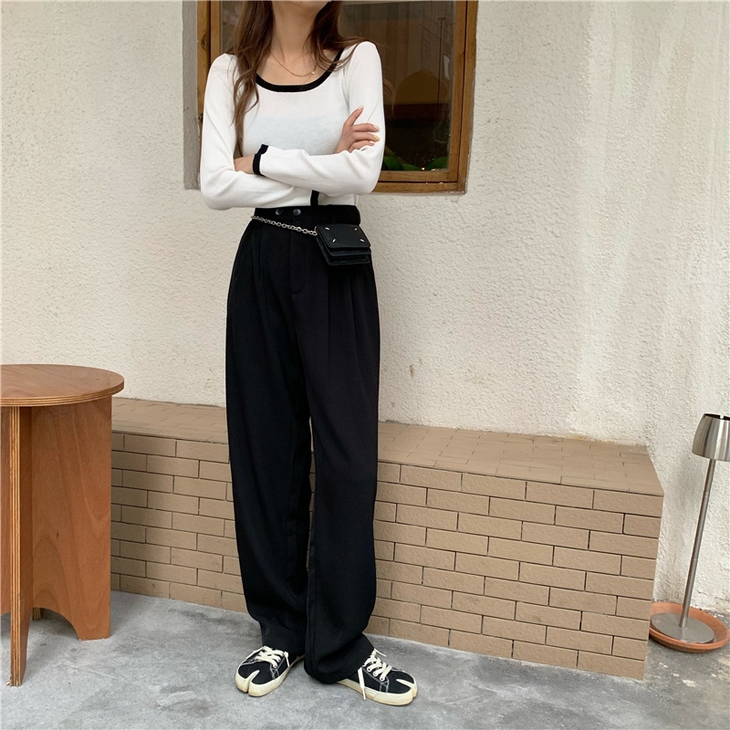 SUXI Quần Dài Lưng Cao Ống Rộng Phong Cách Vintage Hàn Quốc