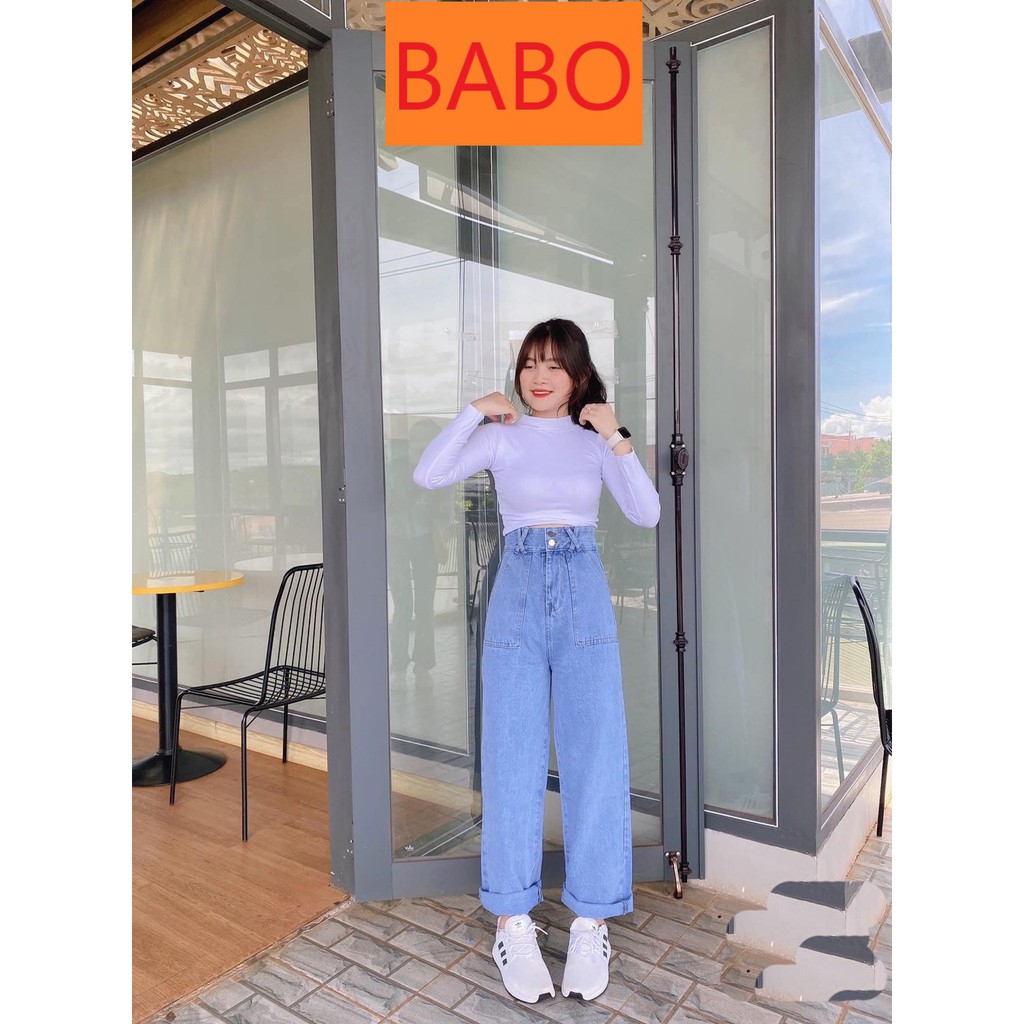 QUẦN JEAN ỐNG RỘNG NỮ 2 NÚT 2 TÚI TRƯỚC ĐĨA CHÉO 2 BÊN LƯNG CAO LAI CUỐN MÀU XANH NHẠT CAO CẤP BABO ĐỦ SIZE S, M, L HOT