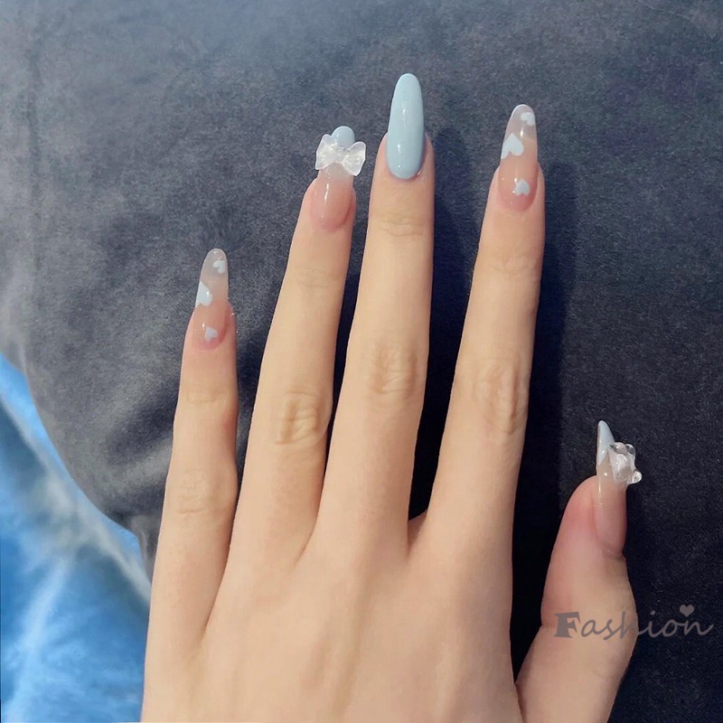 Bộ 24 Móng Tay Giả Dáng Dài Đính Nơ Có Thể Tháo Rời Thời Trang