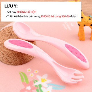 Thìa muỗng cho bé tập xúc, set thìa và dĩa ăn dặm silicon uốn cong (có hộp) FAMILY86