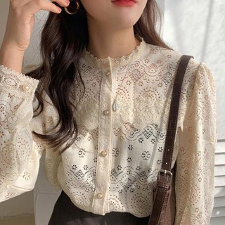 (ORDER- Sẵn Be) Áo sơ mi nữ dài tay ren hoa đục lỗ cổ đứng tiểu thư sang trọng Hàn Quốc