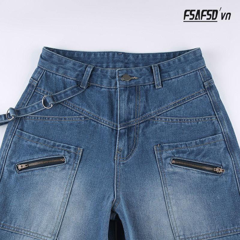 Quần Jean Nữ Lưng Cao Ống Đứng Nhiều Túi Phong Cách Âu Mỹ