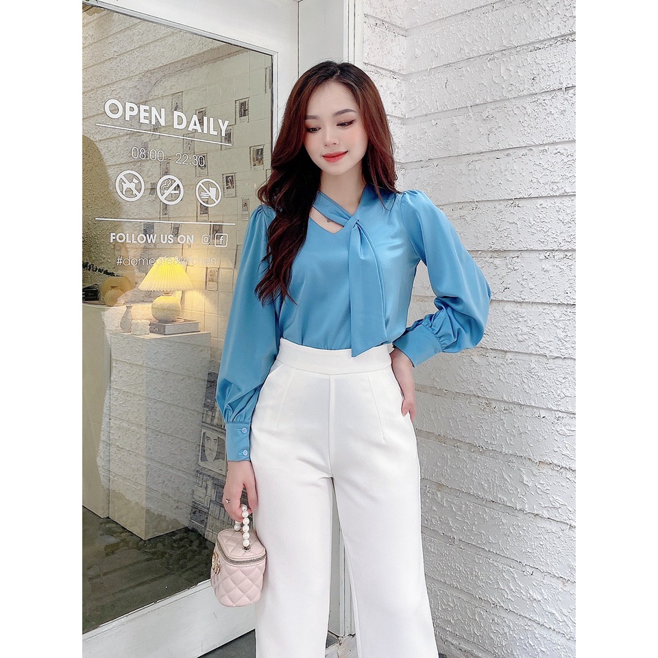 Áo sơ mi nữ lụa vạt chéo 2 màu trơn dài tay công sở HILA (Mã SP: A944)