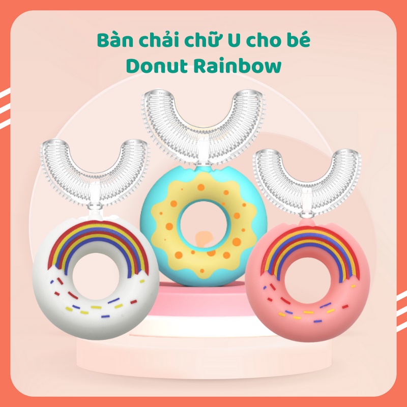Bàn chải đánh răng Donut Rainbow, bàn chải chữ U cho bé từ 2 - 12 tuổi, hình dáng bánh donut dễ thương