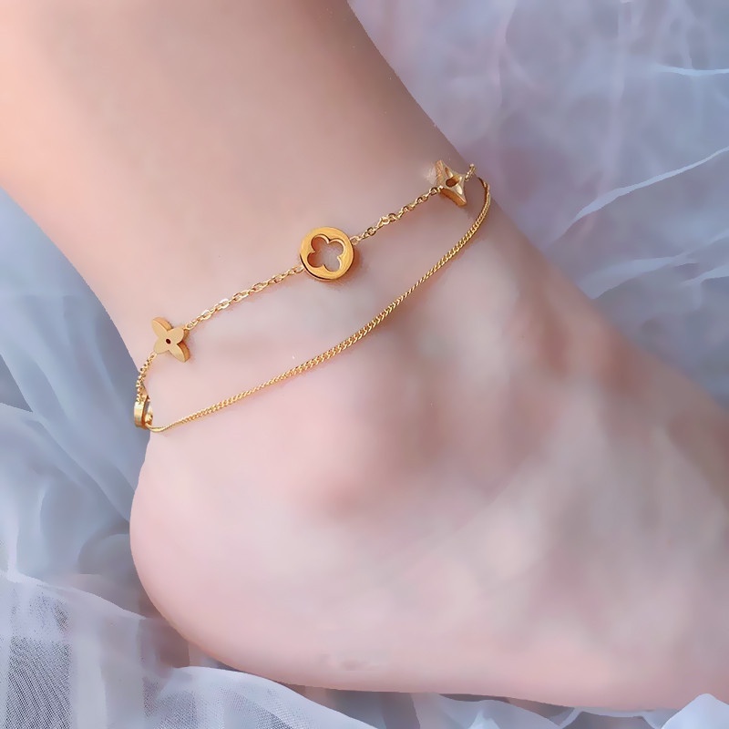 Lắc chân nữ bằng titan không gỉ thiết kế 2 tầng hình cỏ 4 lá may mắn thời trang thanh lịch