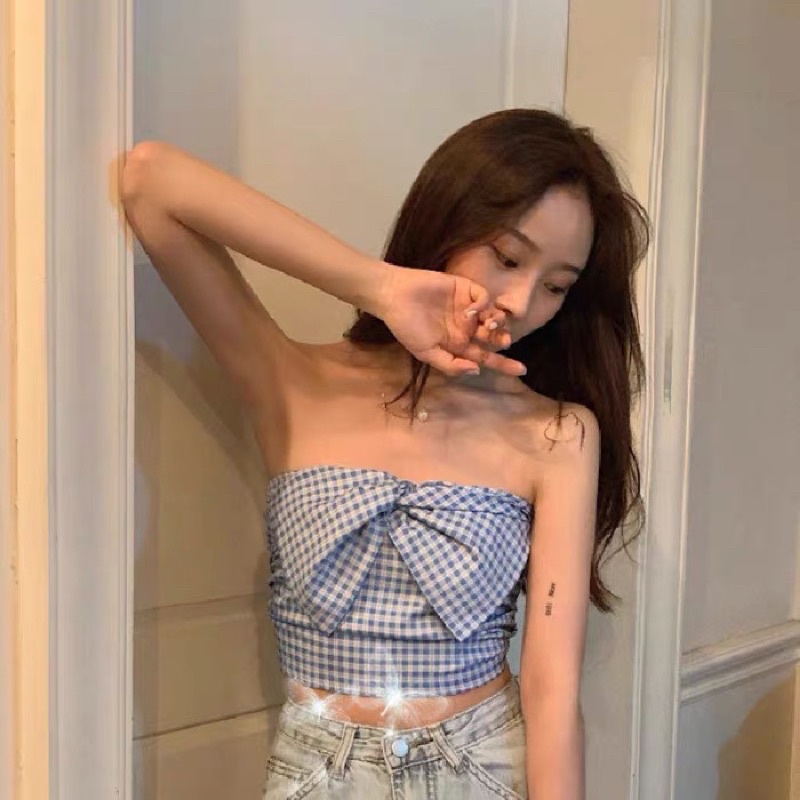 áo quây thô kẻ xanh nơ ngực