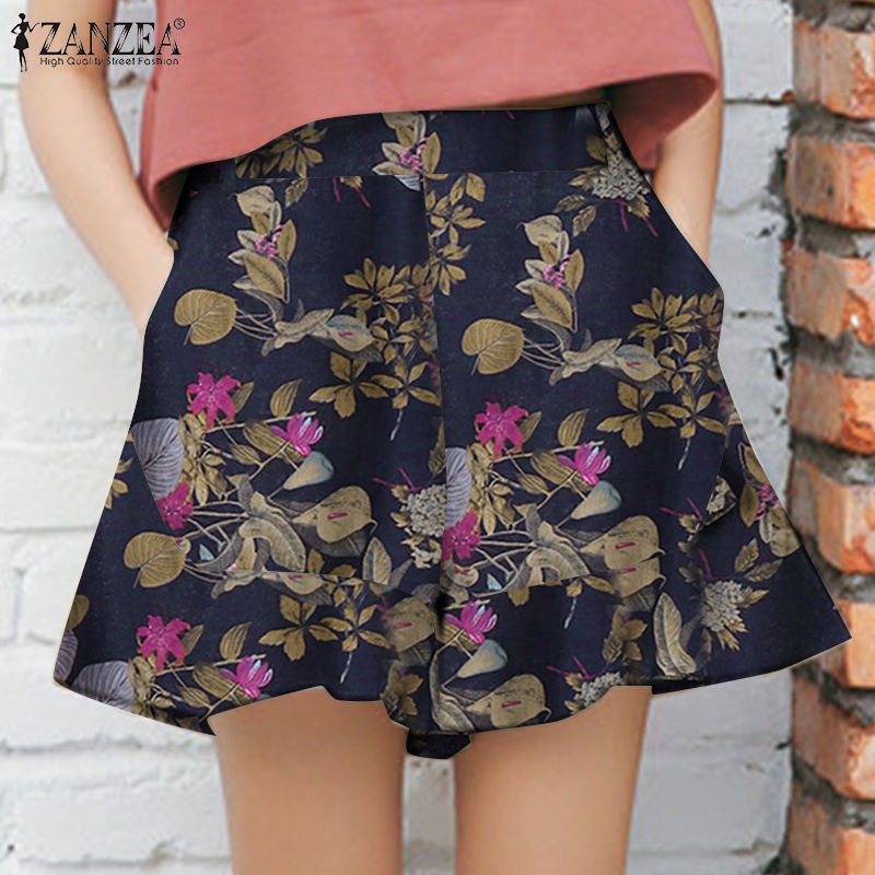 Zanzea Quần ngắn ống rộng Lưng Thun Viền Bèo In Họa Tiết Phong Cách Cổ Điển Thời Trang Cho