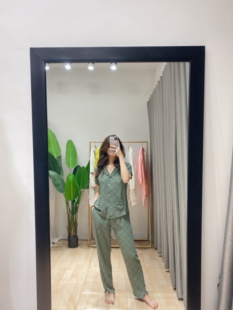 Bộ đồ ngủ , bộ pijama lá hoa xanh nhỏ