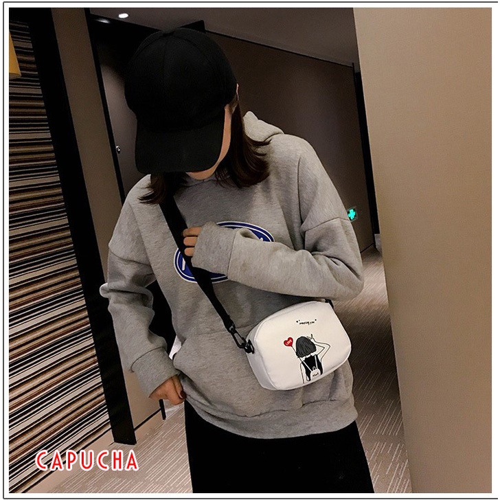 Túi xách nữ đeo vai phong cách Hàn Quốc chất da mềm mịn họa tiết cô gái lạ Capucha T146