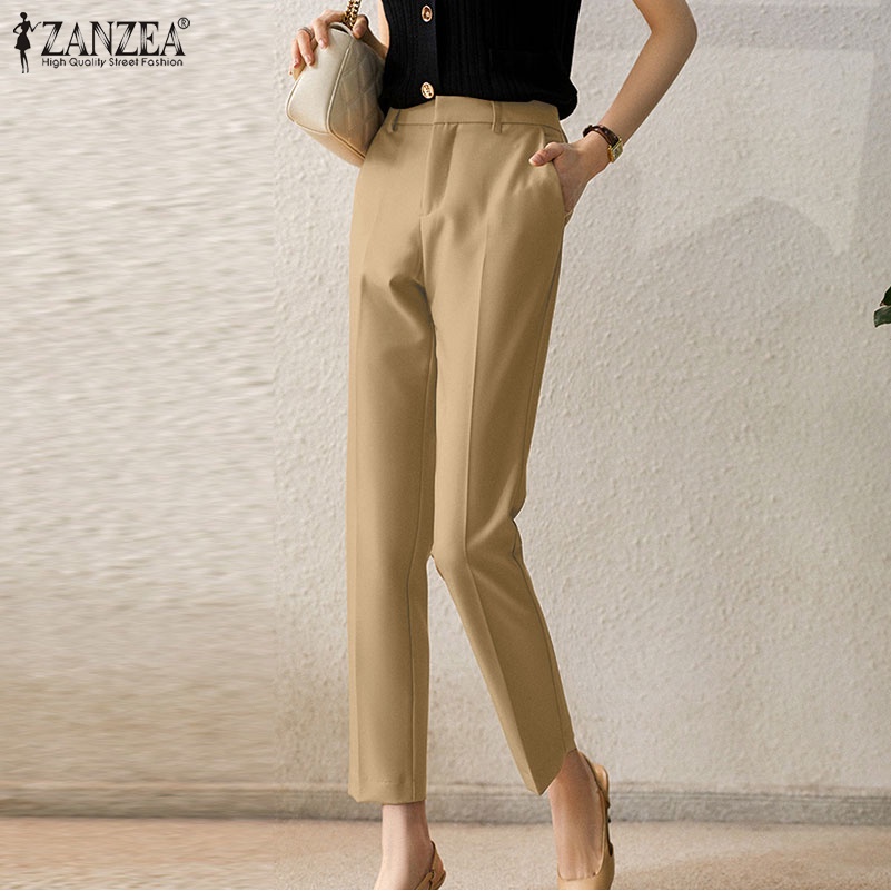 Quần dài ZANZEA ống suông chất liệu co giãn phong cách Hàn Quốc thời trang cho nữ