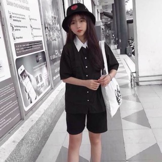 FULL SET. ÁO SƠ MI UNISEX MIX TAY NGẮN. QUẦN ĐÙI UNISEX KAKI. NÓN THÊU TRÁI TIM