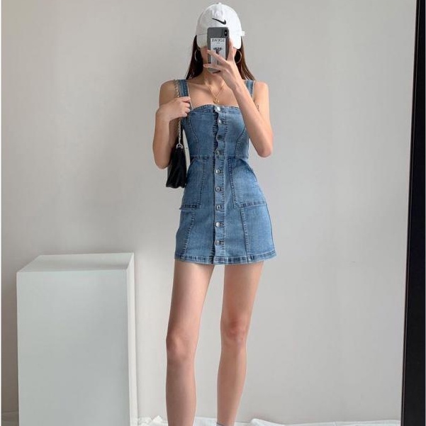 [MURIOKI] Đầm Denim Hai Dây Dáng Chữ A Phong Cách Hàn Quốc Thời Trang 2022 Cho Nữ