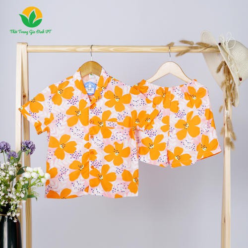 Bộ pijama lanh VT mặc nhà cộc tay cho bé- Thời trang gia đình VT B63.2118