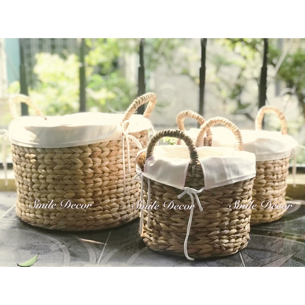 Bộ 3 sọt lục bình tròn Smile Decor đựng đồ , quần áo , đựng chậu cây trang trí nhà cửa