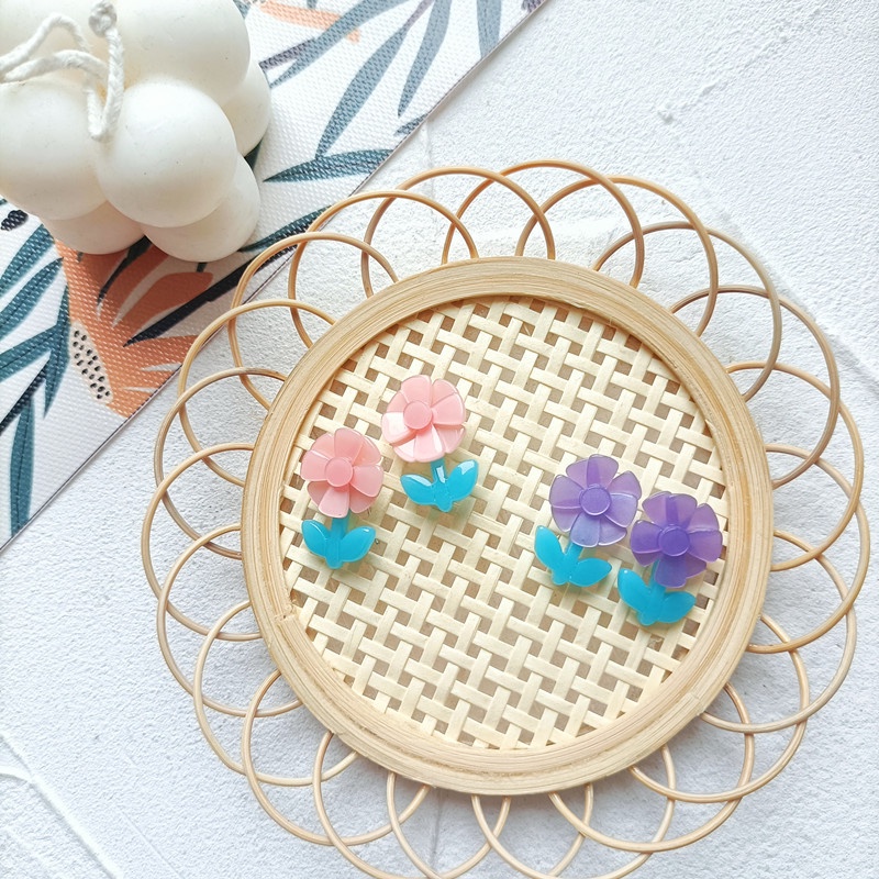 Khuyên tai mặt hình hoa bằng Acrylic mạ bạc 925 thời trang Hàn Quốc