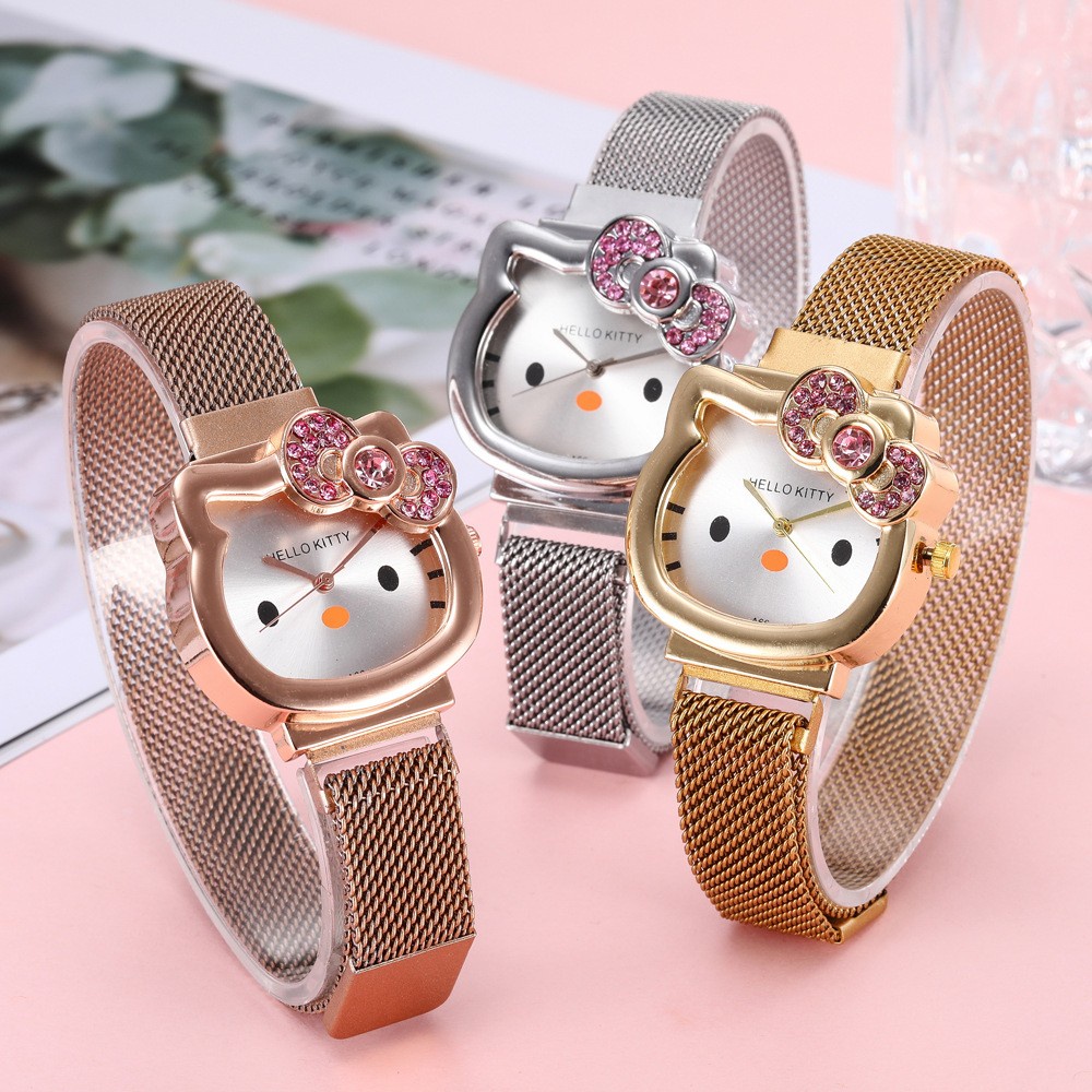 LWCC 744 Đồng hồ nam châm hình mèo Hello Kitty dễ thương cho trẻ em