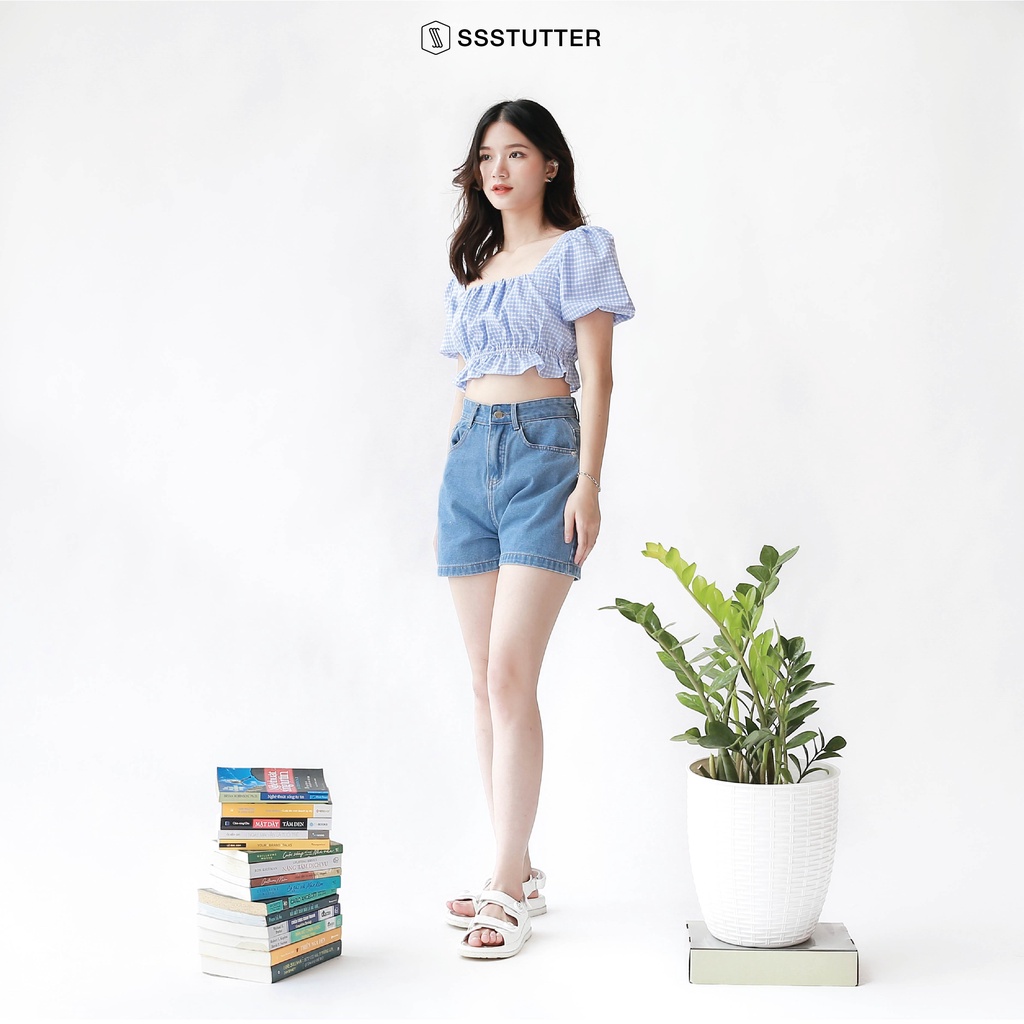 Quần short jean nữ SSSTUTTER vải jeans mềm thoải mái kiểu dáng lửng mid-length jeans
