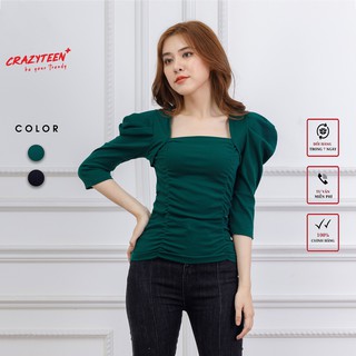 Áo thun tay lỡ bồng nữ CRAZYTEEN cổ vuông nhún ngực AT0001-L