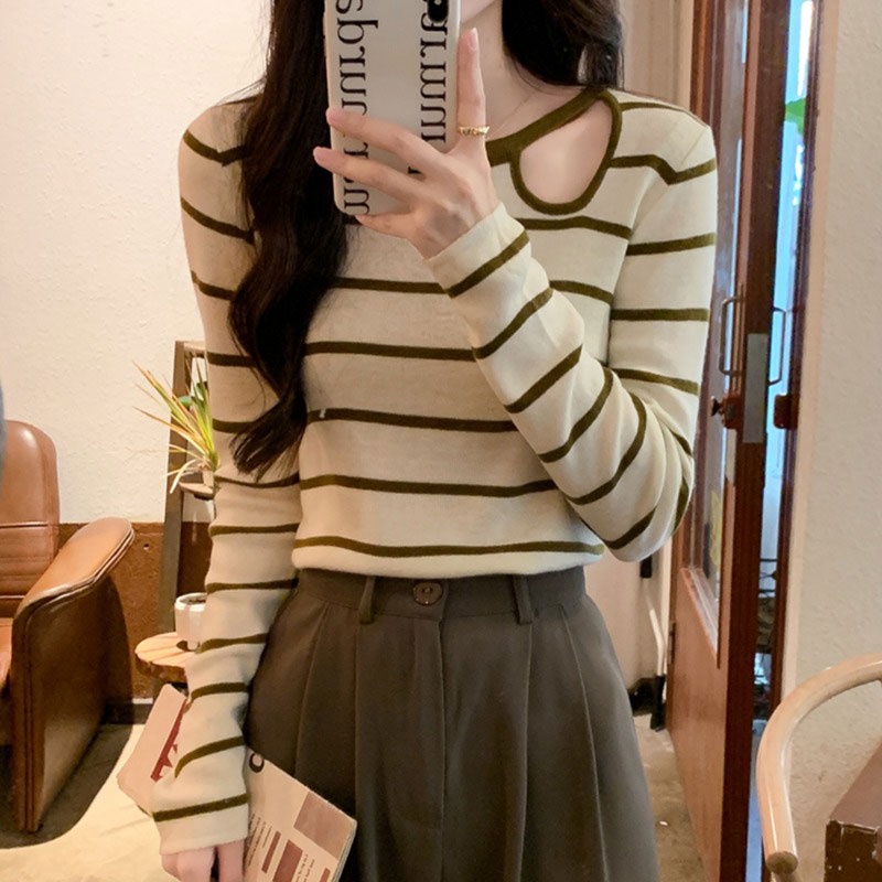 Áo Thun Tay Dài Dệt Kim Họa Tiết Sọc Trắng Đen Thời Trang Hàn Quốc Cho Nữ