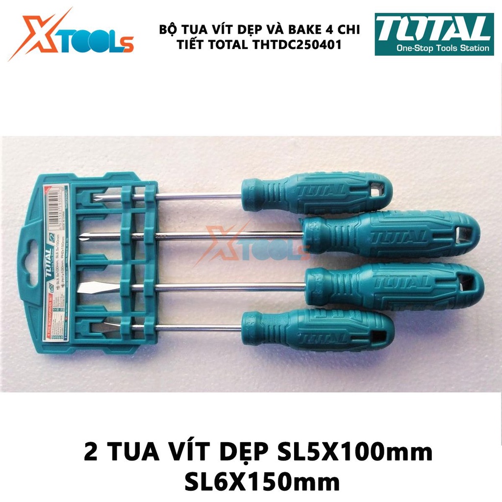 Bộ tuốc nơ vít dẹp và bake 4 chi tiết TOTAL THTDC250401 | dùng để siết chặt hoặc gỡ bỏ ốc vít [CHÍNH HÃNG] [XTOOLs]
