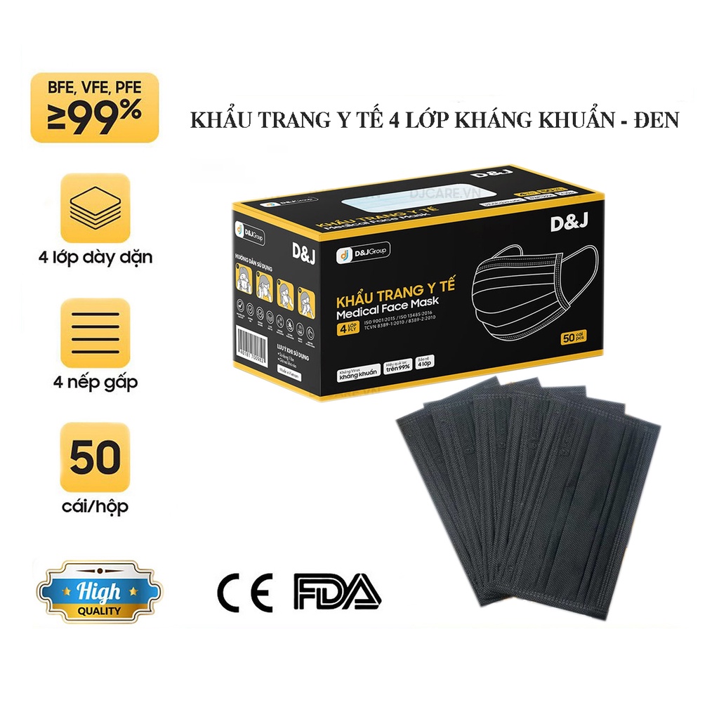 Khẩu trang y tế 4 lớp D&amp;J (50 cái/ hộp) KTYT - HÀNG CAO CẤP FAMAPRO - BẢO VỆ HÔ HẤP - DJ - D&amp;J CARE
