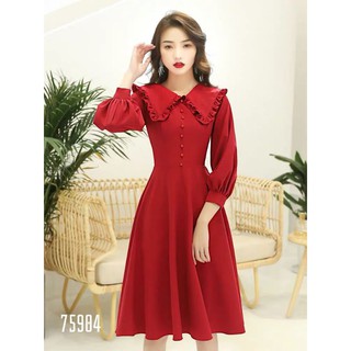 Đầm xòe tay dài màu đỏ váy đầm dạ hội dự tiệc công sở dạo phố