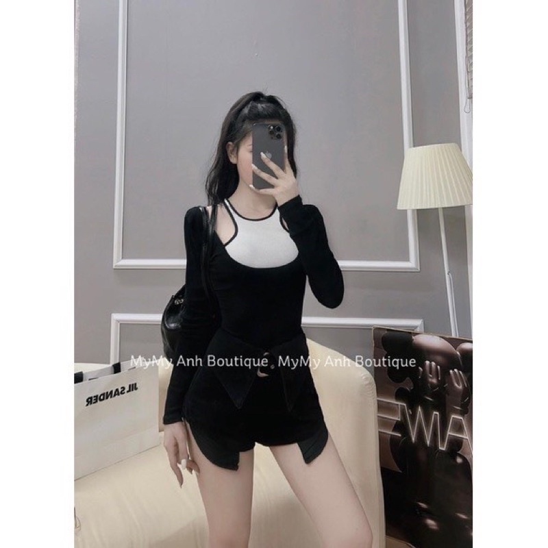 ÁO RỚT VAI CROPTOP TAY DÀI CHẤT GÂN BASIC