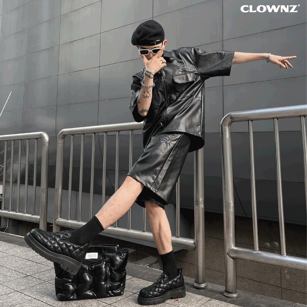 Set áo khoác da local brand ClownZ C-star Black Leather, da tổng hợp unisex nam nữ form rộng