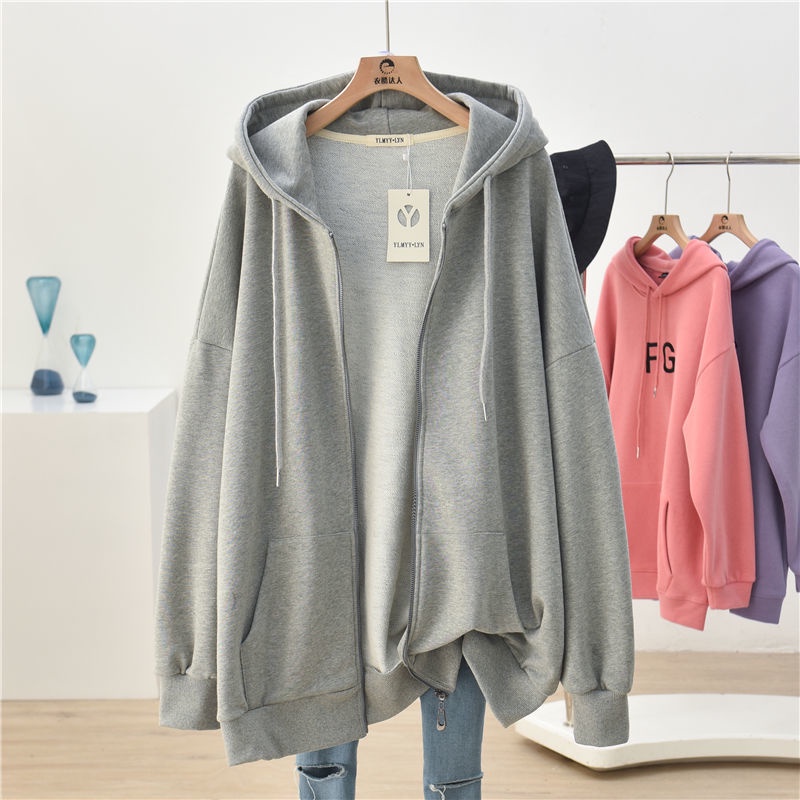 Áo Khoác Hoodie Cotton Mỏng Dáng Rộng Cỡ Lớn 150kg Phối Khóa Kéo Kiểu Hàn Quốc Thời Trang Cho Nữ