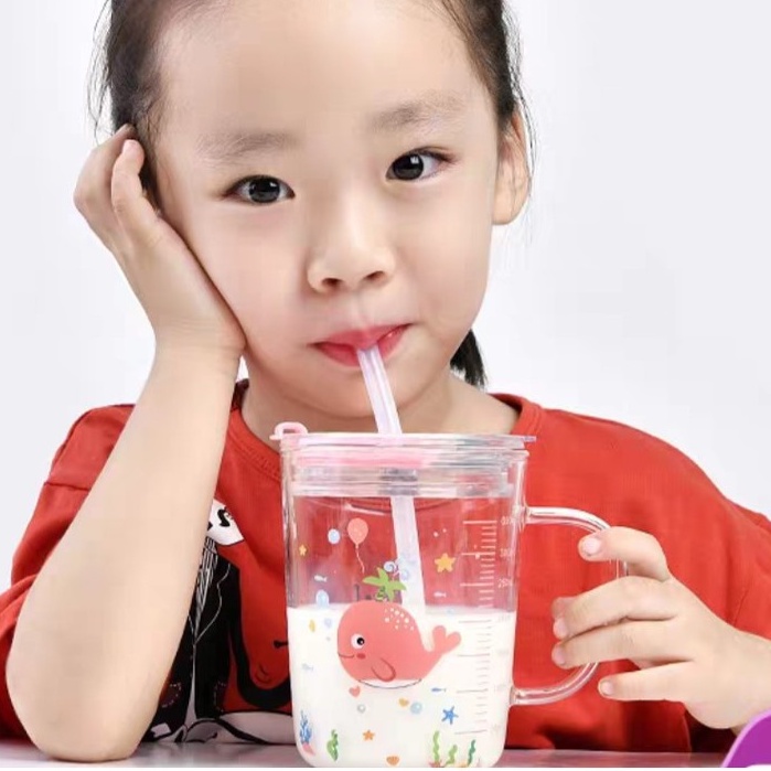 Cốc pha sữa thuỷ tinh chia vạch có nắp và ống hút, Ly thủy tinh chia vạch ml kèm ống hút và nắp chống tràn Cao Cấp