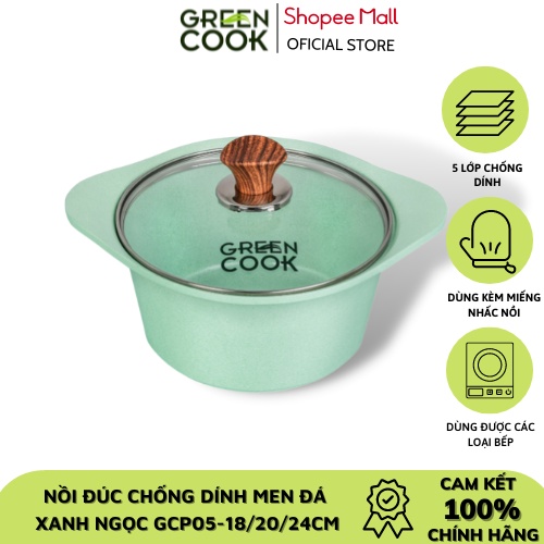 Nồi đúc men đá xanh ngọc 18-20-24cm Green Cook công nghệ Hàn Quốc sản xuất tại Việt Nam - Hàng chính hãng greencook