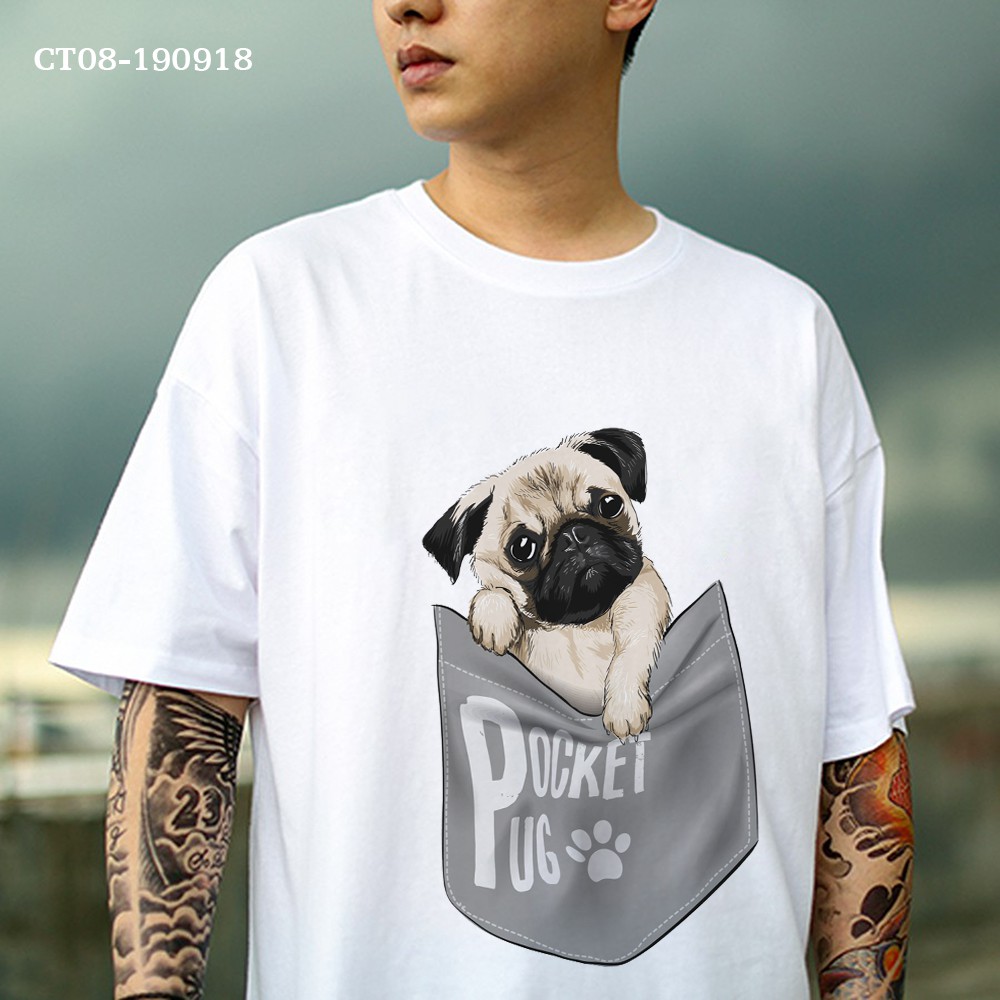 Hoàn 20% Xu _ ÁO THUN UNISEX HÌNH HÌNH CHÓ MẶT XỆ PUG DOG TRONG TÚI