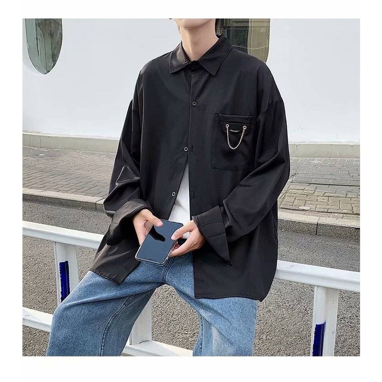 Áo sơ mi tay dài dáng rộng màu trắng/ xanh dương/ đen phong cách Hàn Quốc size M-3XL cao cấp thời trang dành cho nam