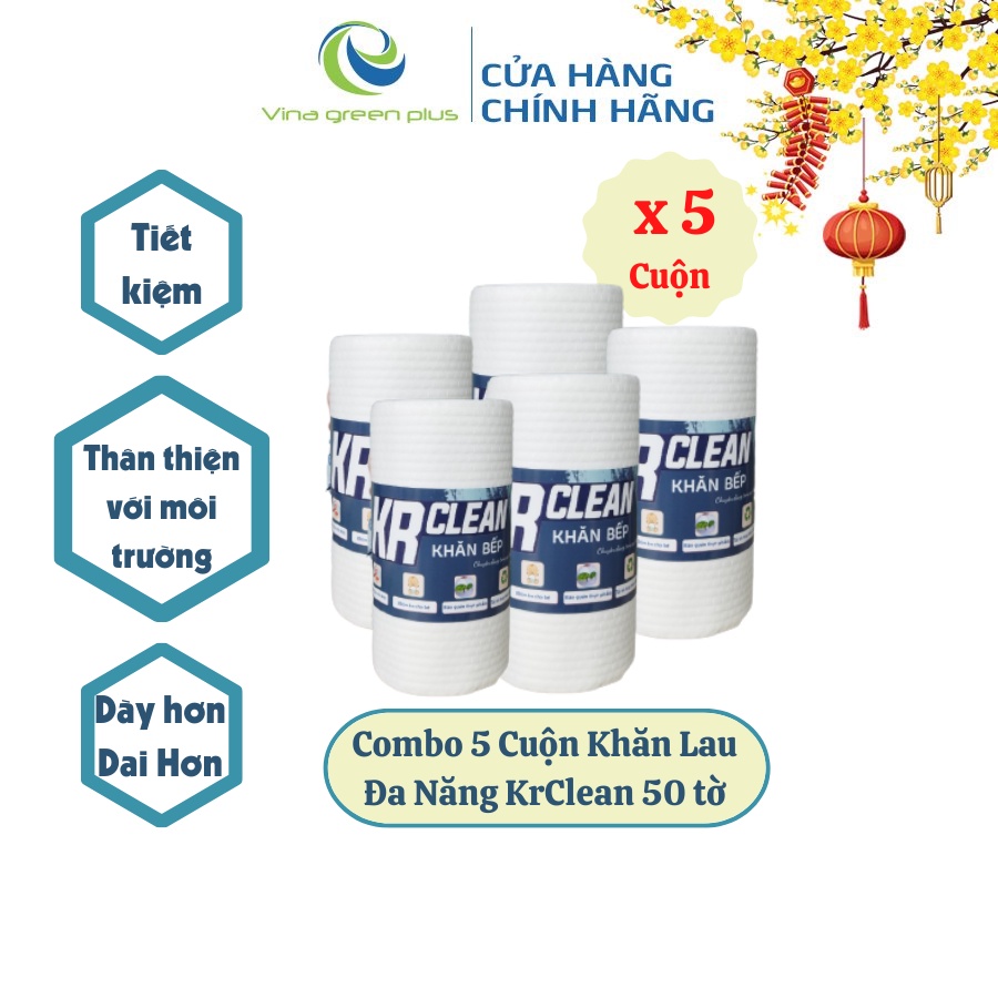 Combo 5 cuộn khăn lau đa năng KrClean 1cuộn/50 tờ tái sử dụng, khăn lau bếp siêu rẻ siêu tiện dụng