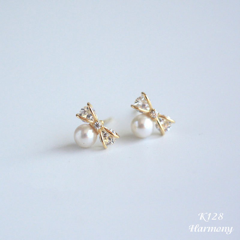 Bông tai ngọc trai nhân tạo nữ bạc 925 hình nơ đá đính 2 màu bạc xi kim và vàng | HARMONY ACCESSORIES K128