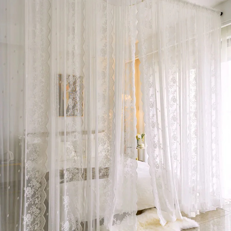 Rèm cửa sổ Ren Trắng Thêu Hoa Trang Trí Nhà Cửa