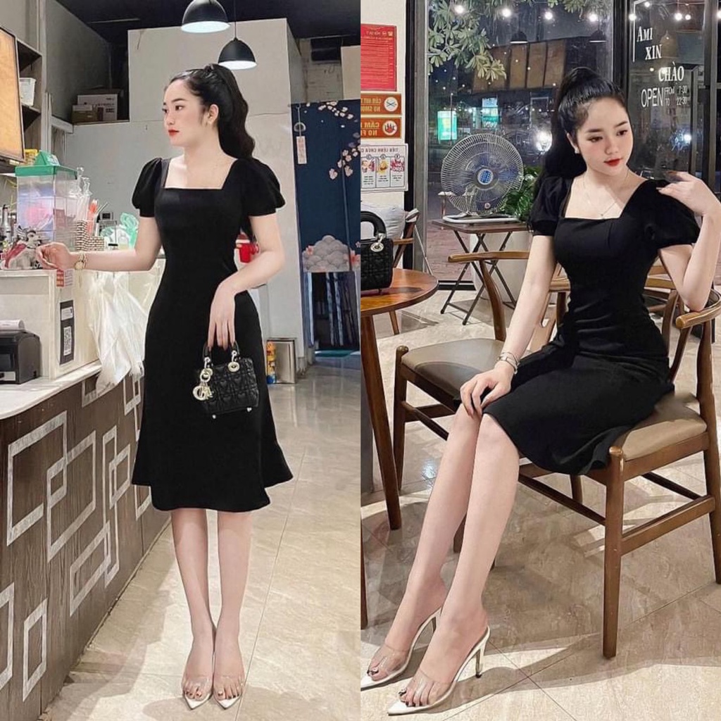 Váy đầm nữ cổ vuông ngăn tay phồng vai chất liệu lụa mẫu có mút ngực thời trang nữ năng động trẻ trung