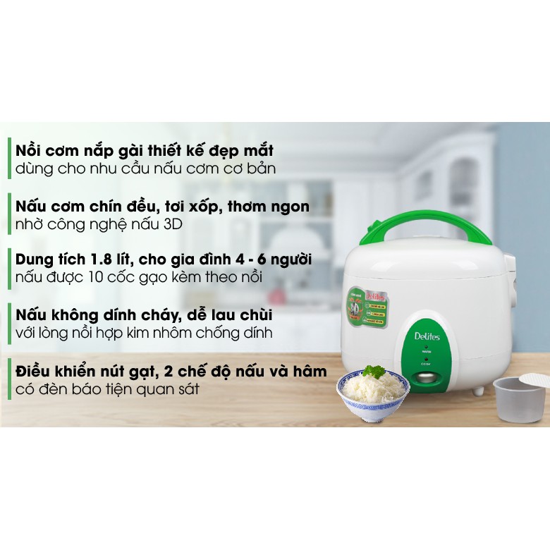 Nồi cơm điện nắp gài Delites 1.8 lít NCG1010 -  Lòng nồi bằng hợp kim nhôm tráng men chống dính bền tốt
