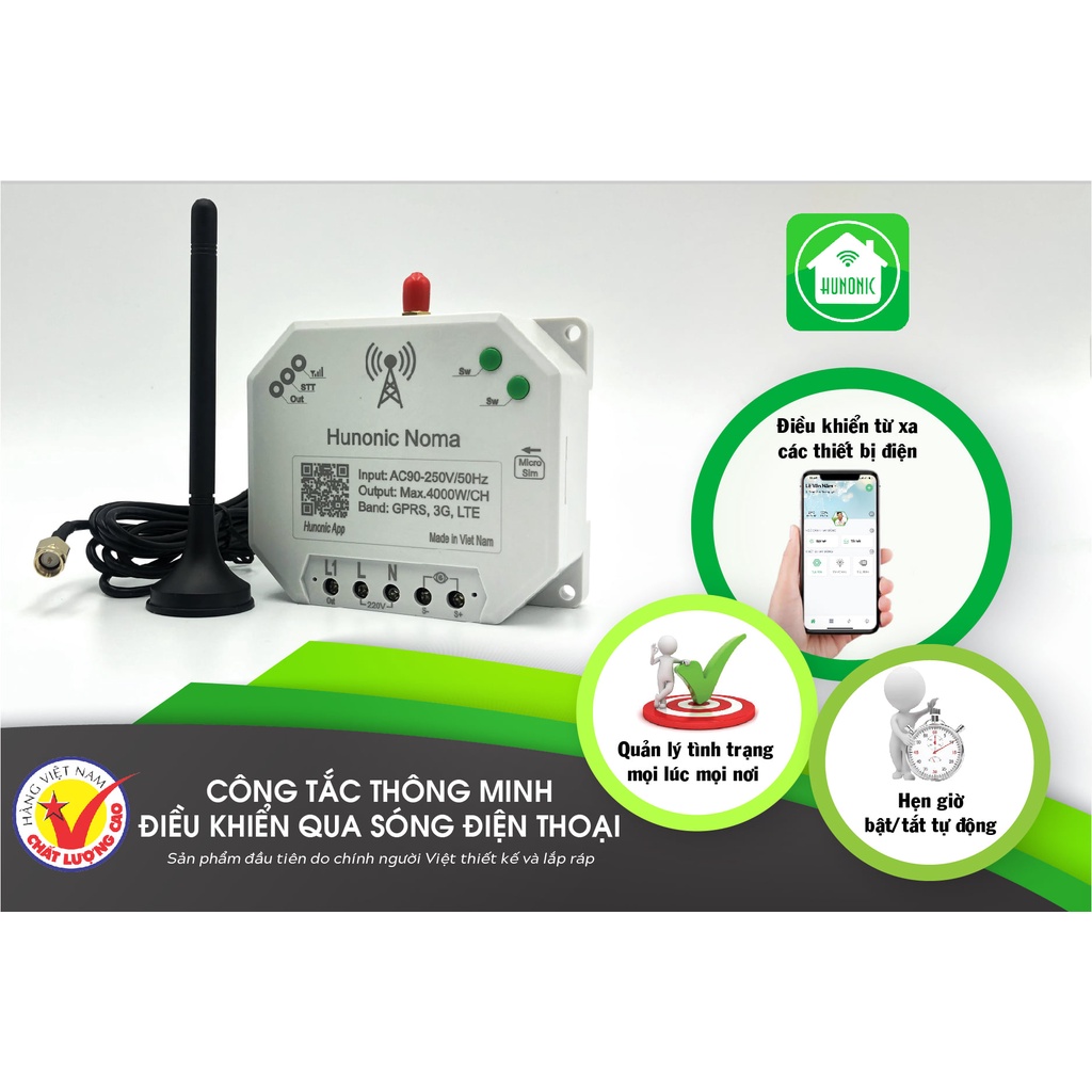 Công Tắc Wifi Hunonic Noma 4 Kênh 500W, Điều Khiển Từ Xa Qua Điện Thoại, Công Tắc Thông Minh Hẹn Giờ