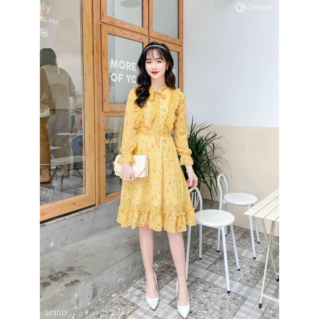 Đầm váy hoa dáng xòe cánh tiên, kết nơ màu vàng tươi sáng, trẻ trung thời trang nữ dạo phố, đi biển, dự tiệc