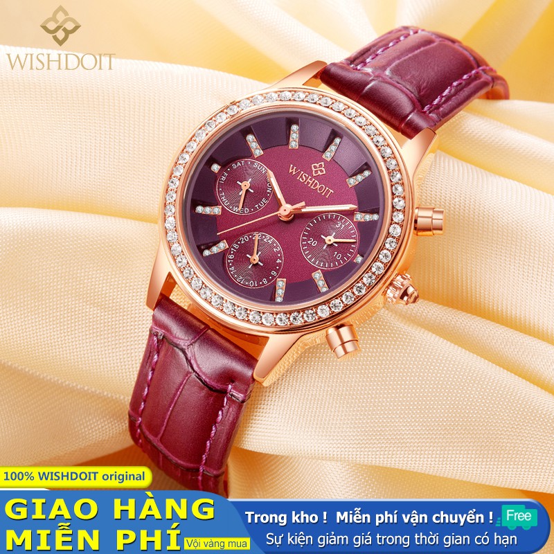 Đồng hồ WISHDOIT máy thạch anh dây da chống nước dạ quang có hiển thị lịch đa năng thời trang dành cho nữ