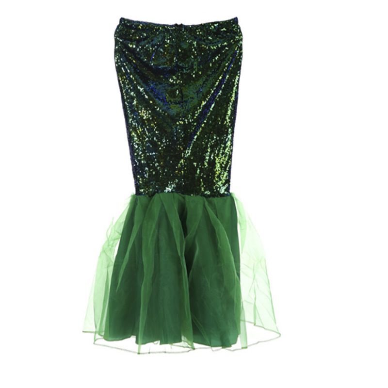 Womens Adult Sequins Mermaid Long Tail Skirt Party Maxi Fancy Dress with Asymmetric Mesh Panel Halloween Cosplay Costume Hot