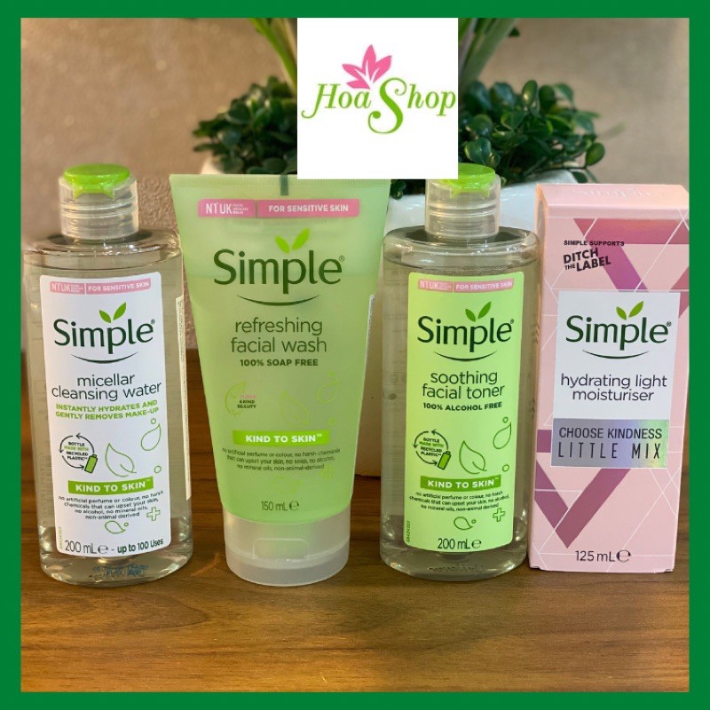 Combo 4 Sản Phẩm Simple (Nước Tẩy Trang 200ml, Gel Rửa Mặt 150ml, Nước Hoa Hồng 200ml, Kem Dưỡng Ẩm 125ml)