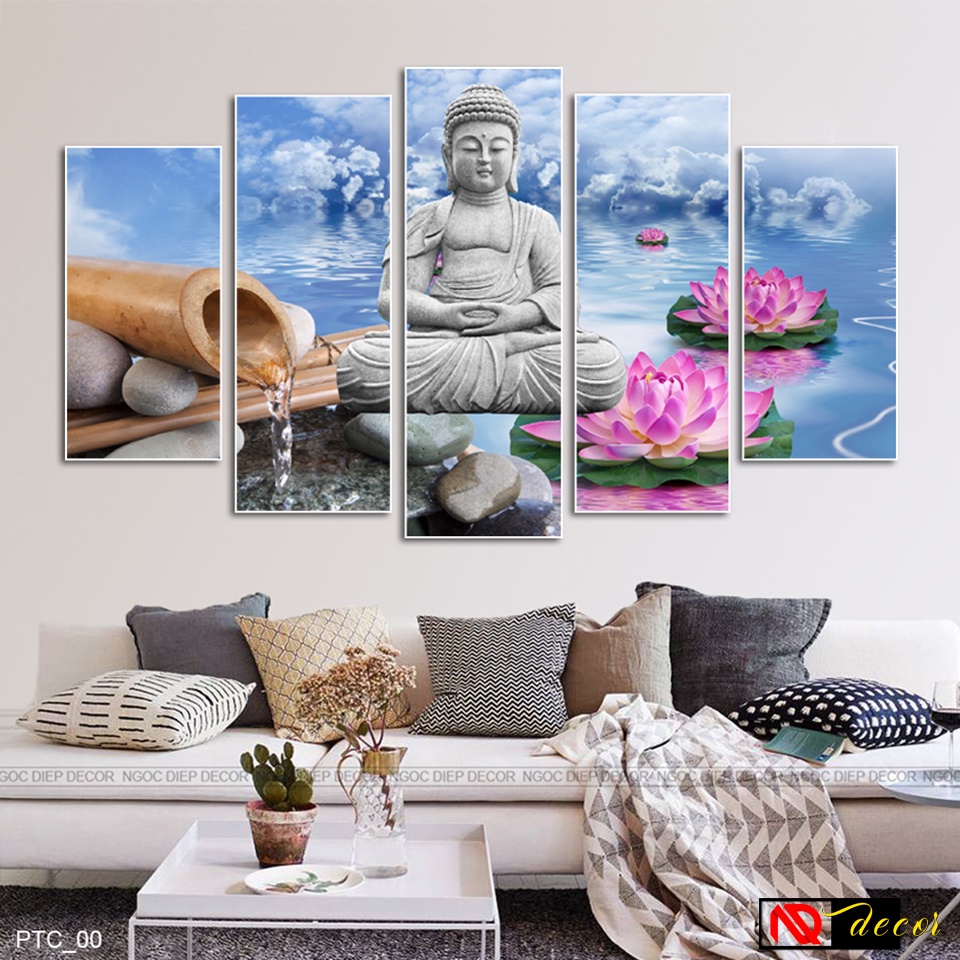 Bộ 5 tấm tranh dán tường Phật - Tranh decor chất liệu gỗ nhựa, kèm băng dính xốp