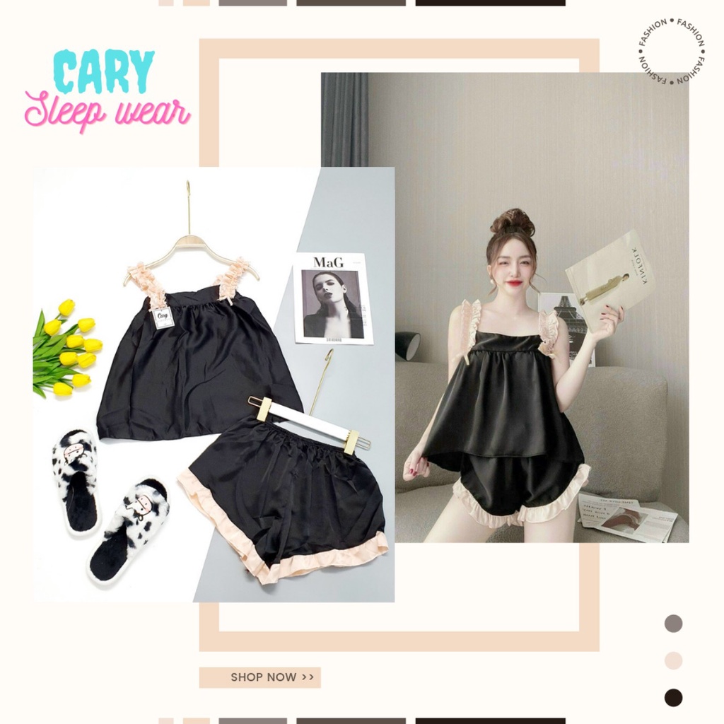 Bộ ngủ sexy lụa satin CARY,đồ bộ 2 dây nhún quần viền bèo chất lụa satin mát mềm mại gợi cảm