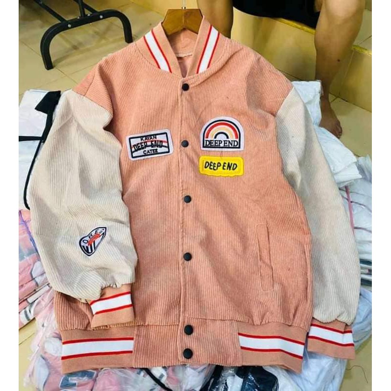Áo Khoác Kaki Nhung Gân Hàng Logo Thêu Nổi Bomber Jackets Kaki Form Rộng Unisex CẦU VÒNG