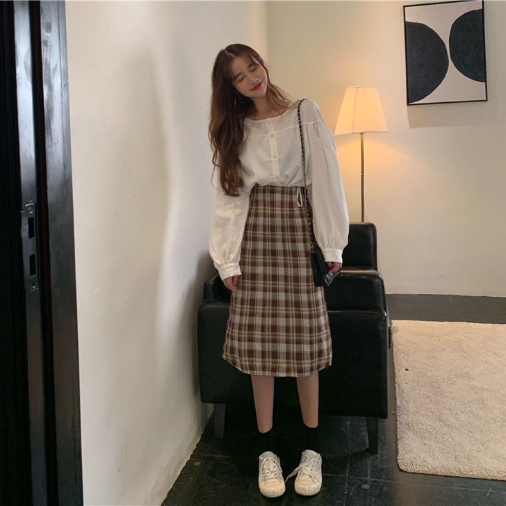 SET áo nữ tay dài bánh bèo kèm chân vay kẻ caro thời trang 2021 | BigBuy360 - bigbuy360.vn