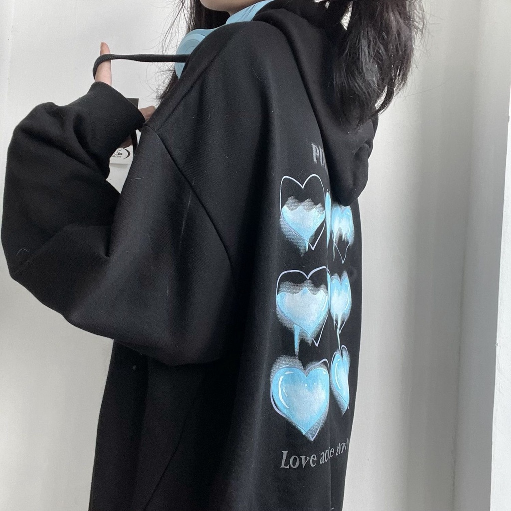 Áo Hoodie Tay Dài Form Rộng Họa Tiết Trái Tim Dễ Phối Đồ