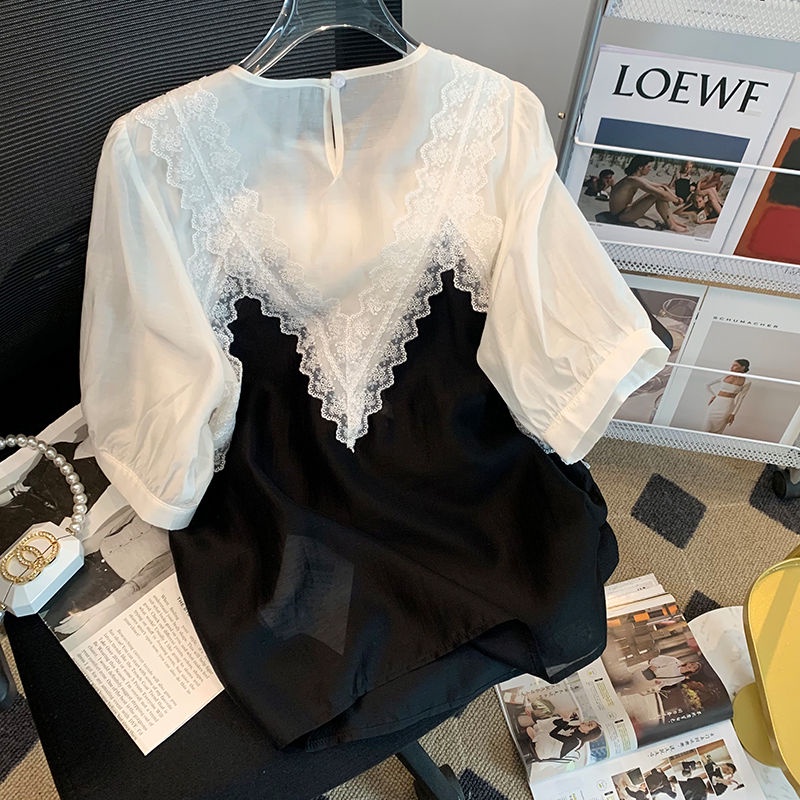 Áo Chiffon Tay Ngắn Phối Ren Phong Cách Pháp Thời Trang Cho Nữ