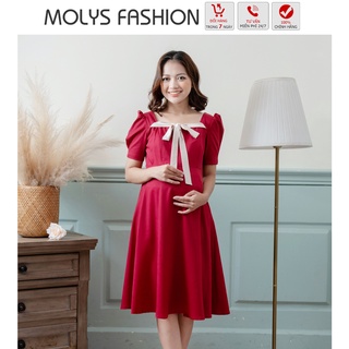 Đầm bầu thiết kế có khóa cho con ti, vắt sữa kín đáo tại công sở M230 dáng xòe cổ vuông phối nơ buộc đủ size đến 80kg